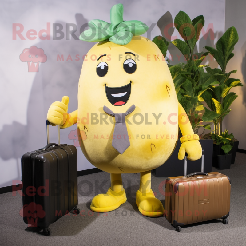 Yellow Turnip mascot costume character dressed with a Jacket and Briefcases