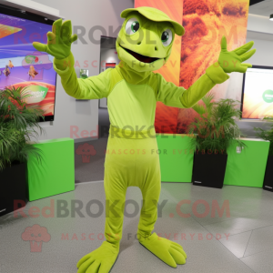 Lime Green Coelophysis mascot costume character dressed with a Capri Pants and Mittens