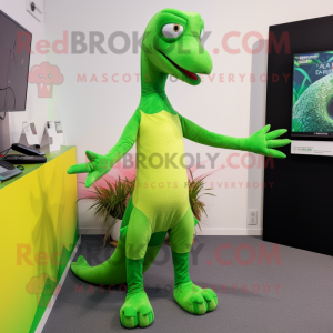 Lime Green Coelophysis mascot costume character dressed with a Capri Pants and Mittens