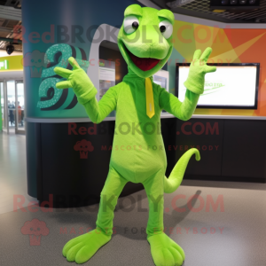 Lime Green Coelophysis mascot costume character dressed with a Capri Pants and Mittens