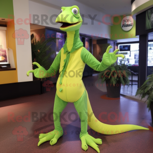 Lime Green Coelophysis mascot costume character dressed with a Capri Pants and Mittens