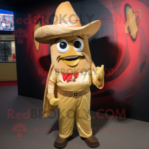 Gold Fajitas mascot costume character dressed with a Jeggings and Tie pins