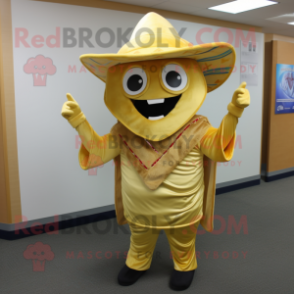 Gold Fajitas mascot costume character dressed with a Jeggings and Tie pins