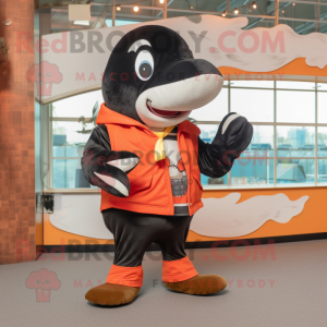Rust Killer Whale mascot costume character dressed with a Shorts and Scarves