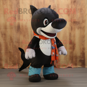 Rust Killer Whale mascot costume character dressed with a Shorts and Scarves