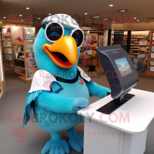 Sky Blue Toucan mascot costume character dressed with a T-Shirt and Reading glasses