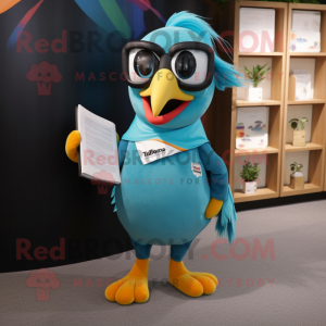 Sky Blue Toucan mascot costume character dressed with a T-Shirt and Reading glasses