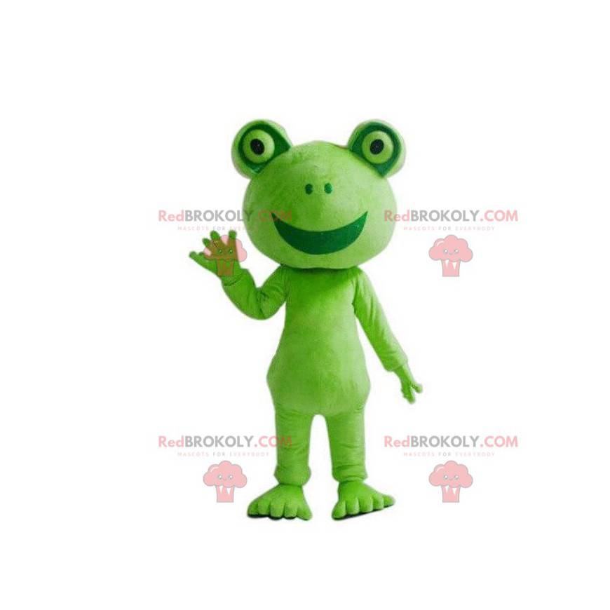 Riesiges und lächelndes grünes Froschmaskottchen -