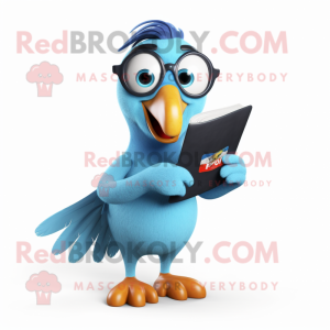 Sky Blue Toucan mascot costume character dressed with a T-Shirt and Reading glasses