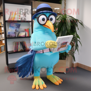 Sky Blue Toucan mascot costume character dressed with a T-Shirt and Reading glasses
