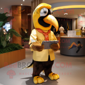 Gold Toucan mascot costume character dressed with a Coat and Cummerbunds