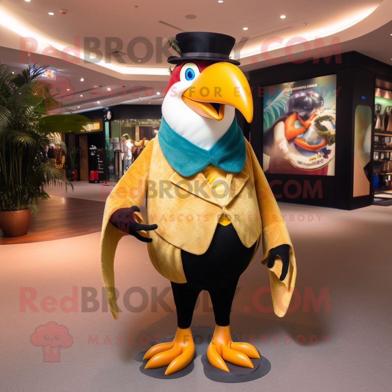 Gold Toucan mascot costume character dressed with a Coat and Cummerbunds