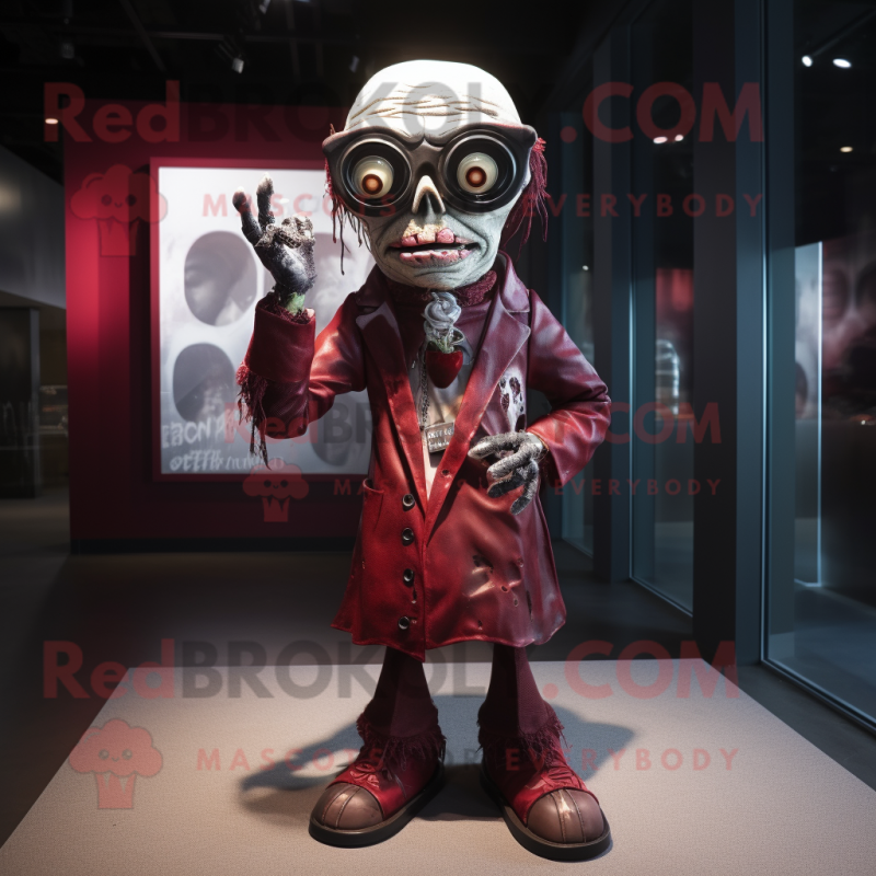 Maroon Undead mascot costume character dressed with a A-Line Dress and Eyeglasses