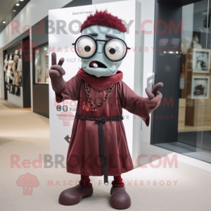 Maroon Undead mascot costume character dressed with a A-Line Dress and Eyeglasses