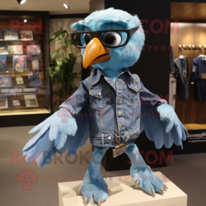 Sky Blue Archeopteryx mascot costume character dressed with a Denim Shirt and Keychains