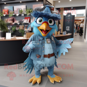 Sky Blue Archeopteryx mascot costume character dressed with a Denim Shirt and Keychains
