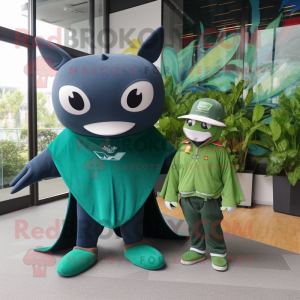 Forest Green Manta Ray mascot costume character dressed with a Sweater and Keychains