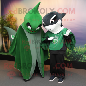 Forest Green Manta Ray mascot costume character dressed with a Sweater and Keychains