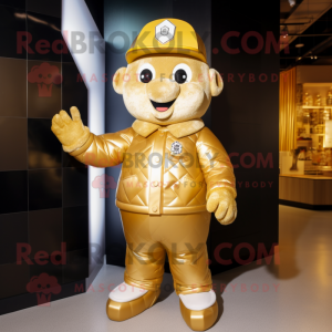 Gold Ice mascot costume character dressed with a Bomber Jacket and Hat pins