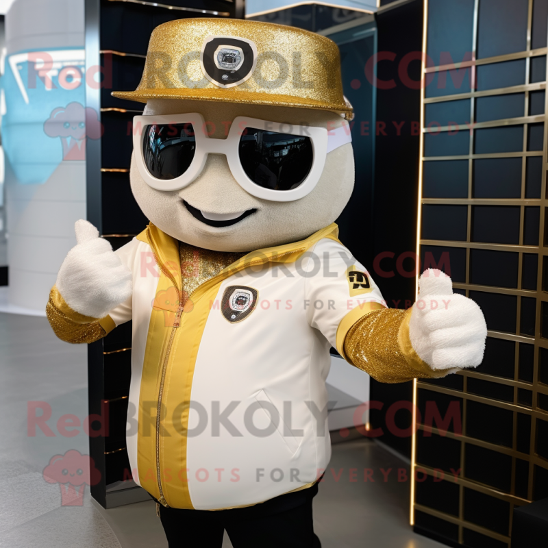 Gold Ice mascot costume character dressed with a Bomber Jacket and Hat pins Gold Ice mascot costume character dressed with a Bomber Jacket and Hat pins