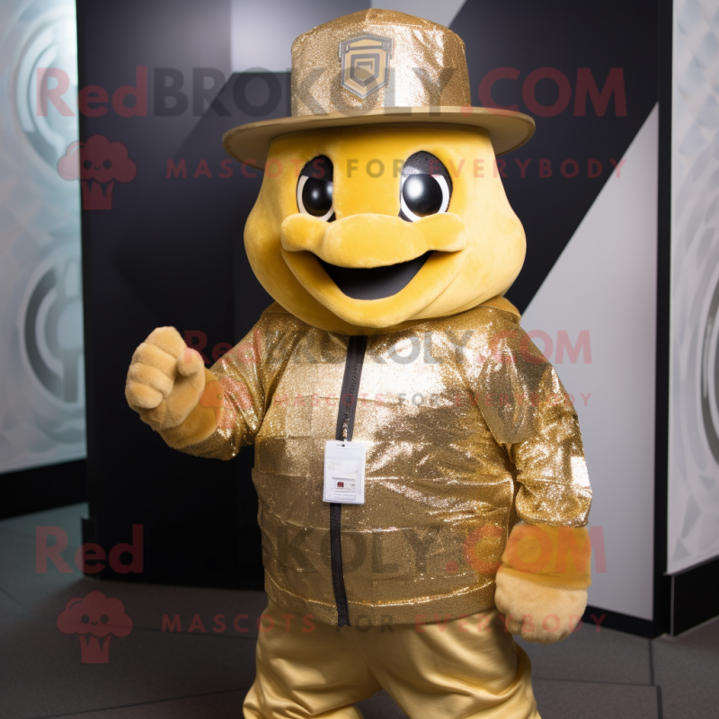 Gold Ice mascot costume character dressed with a Bomber Jacket and Hat pins Gold Ice mascot costume character dressed with a Bomber Jacket and Hat pins