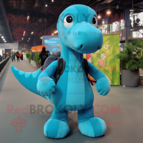 Cyan Diplodocus mascot costume character dressed with a Jumpsuit and Backpacks