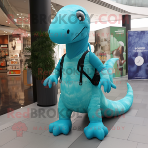 Cyan Diplodocus mascot costume character dressed with a Jumpsuit and Backpacks