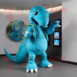 Cyan Diplodocus mascot costume character dressed with a Jumpsuit and Backpacks