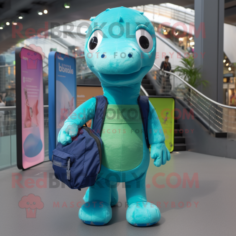 Cyan Diplodocus mascot costume character dressed with a Jumpsuit and Backpacks