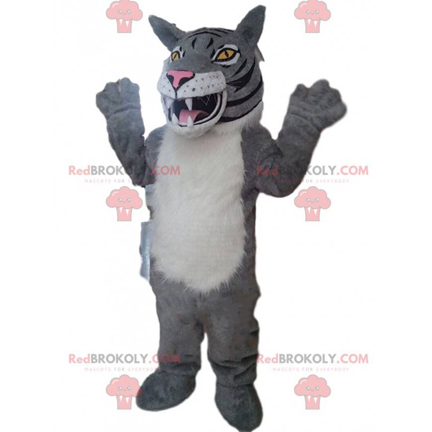 Grijze en witte tijger mascotte, leeuwenkostuum, katachtig - Grijze en witte tijger mascotte, leeuwenkostuum, katachtig -