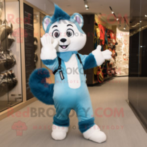 Sky Blue Skunk mascot costume character dressed with a Overalls and Scarves