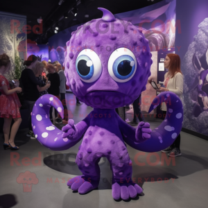 Purple Hydra mascot costume character dressed with a Mini Dress and Hair clips