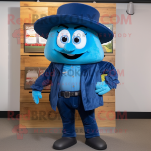 Blue Squash mascot costume character dressed with a Leather Jacket and Hats