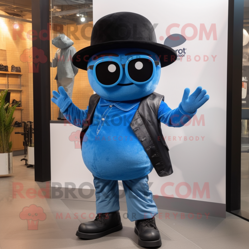 Blue Squash mascot costume character dressed with a Leather Jacket and Hats