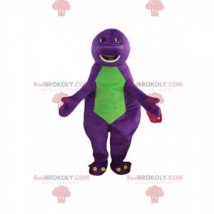 Mascota dinosaurio morado y verde, regordeta y divertida. -