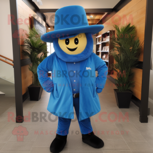 Blue Squash mascot costume character dressed with a Leather Jacket and Hats