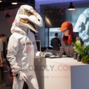 White Utahraptor mascot costume character dressed with a Hoodie and Watches