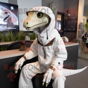 White Utahraptor mascot costume character dressed with a Hoodie and Watches