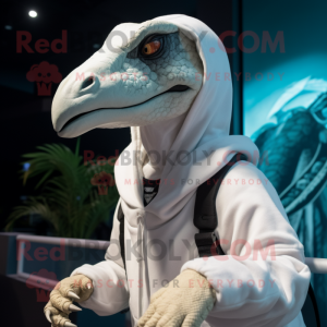 White Utahraptor mascot costume character dressed with a Hoodie and Watches