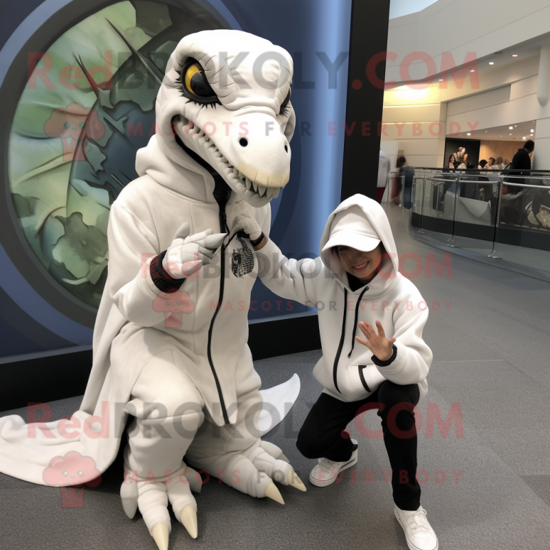 White Utahraptor mascot costume character dressed with a Hoodie and Watches White Utahraptor mascot costume character dressed with a Hoodie and Watches