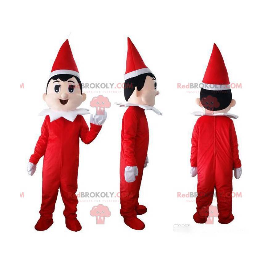 Red and white Christmas elf mascot, Santa Claus costume -