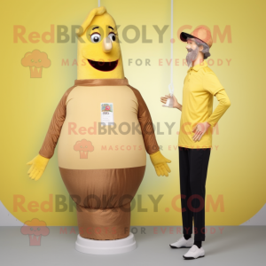 Beige Bottle Of Mustard mascot costume character dressed with a Jeggings and Cummerbunds