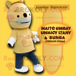 Beige Bottle Of Mustard mascot costume character dressed with a Jeggings and Cummerbunds