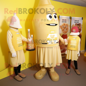 Beige Bottle Of Mustard mascot costume character dressed with a Jeggings and Cummerbunds