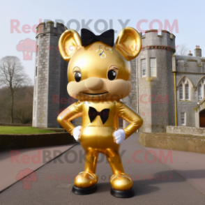 Gold Irish Castle mascot costume character dressed with a Yoga Pants and Bow ties