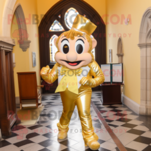 Gold Irish Castle mascot costume character dressed with a Yoga Pants and Bow ties