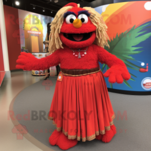 Red Jambalaya mascot costume character dressed with a Maxi Skirt and Anklets
