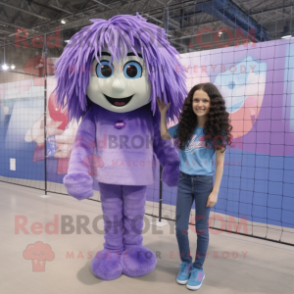 Lavender Volleyball Net mascot costume character dressed with a Mom Jeans and Hair clips