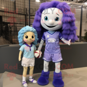 Lavender Volleyball Net mascot costume character dressed with a Mom Jeans and Hair clips
