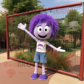 Lavender Volleyball Net mascot costume character dressed with a Mom Jeans and Hair clips